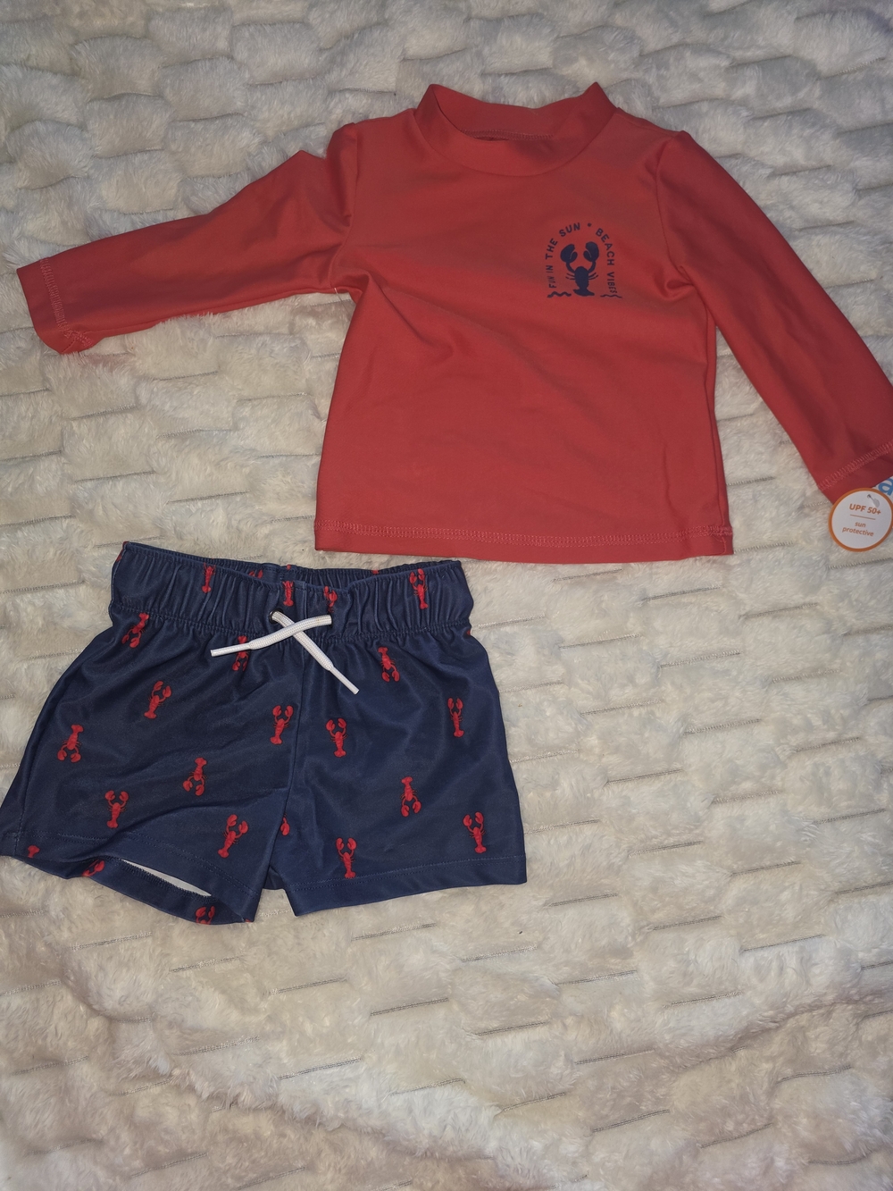 Carter's Red Rash Guard & Navy Lobster Swim Trunks